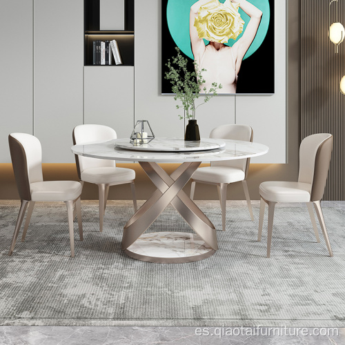 Mesa de comedor de mármol de acero inoxidable cepillado en oro rosa